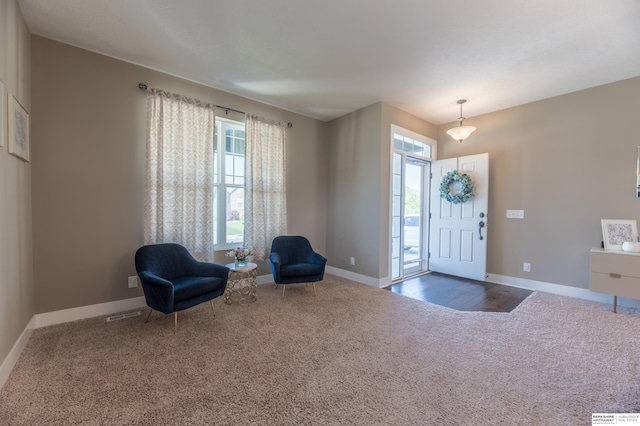 carpeted entryway with plenty of natural light and baseboards