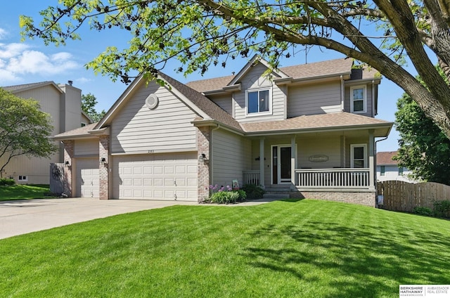 2103 John St, Papillion, NE 68133 - traditional-style house featuring an attached garage, driveway, covered porch, roof with shingles, and brick siding