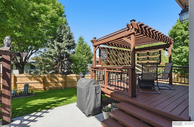 2103 John St, Papillion, NE 68133 - wooden terrace featuring a pergola, outdoor dining area, grilling area, and a patio area