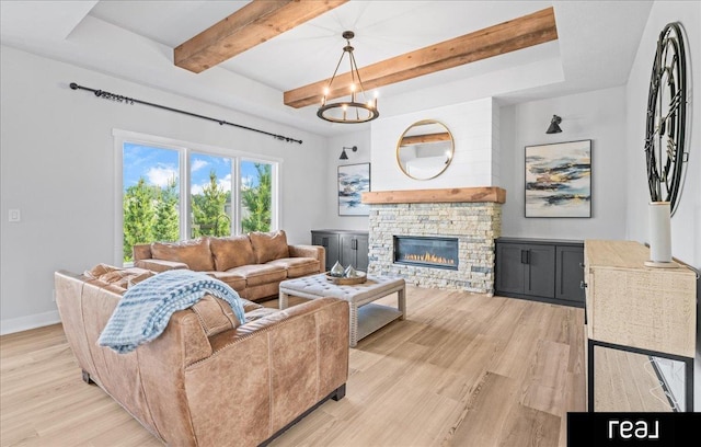 18880 Patrick Cir, Elkhorn, NE 68022 - living room featuring beam ceiling, light wood-style flooring, baseboards, a fireplace, and a chandelier