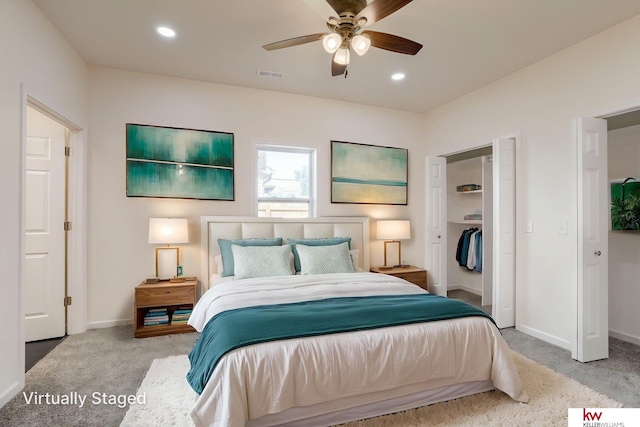 carpeted bedroom with baseboards, a ceiling fan, and recessed lighting