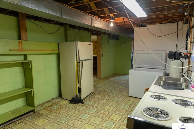 5 Fairview Dr, York, NE 68467 - unfinished below grade area with freestanding refrigerator, light floors, concrete block wall, a sink, and a water softener system