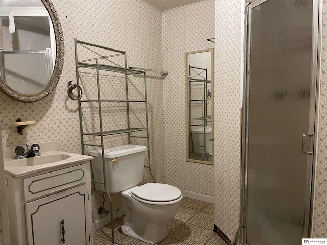 1801 Franklin St, Bellevue, NE 68005 - full bath featuring wallpapered walls, a shower stall, toilet, tile patterned flooring, and vanity