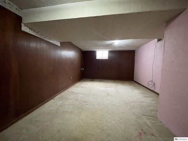 1801 Franklin St, Bellevue, NE 68005 - basement with light colored carpet, wooden walls, and a textured wall