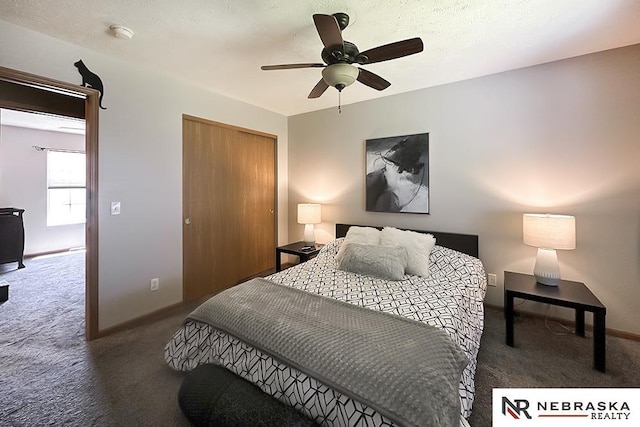 bedroom featuring carpet flooring, a closet, ceiling fan, and baseboards