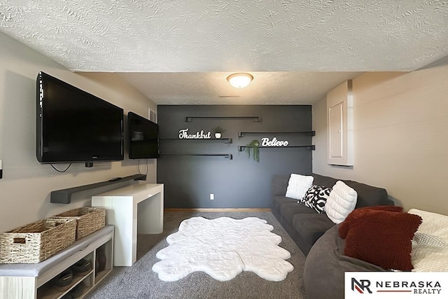 living area with a textured ceiling and carpet flooring