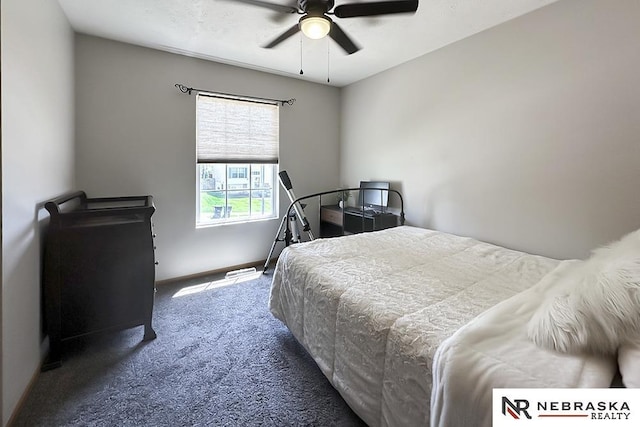 bedroom featuring carpet floors, baseboards, and ceiling fan
