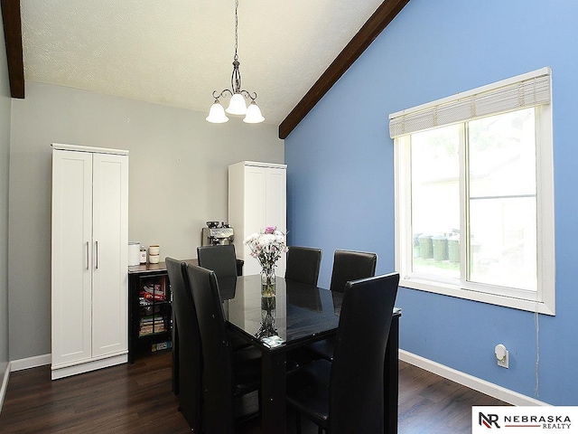 dining space featuring healthy amount of natural light, dark wood finished floors, a chandelier, lofted ceiling, and beverage cooler