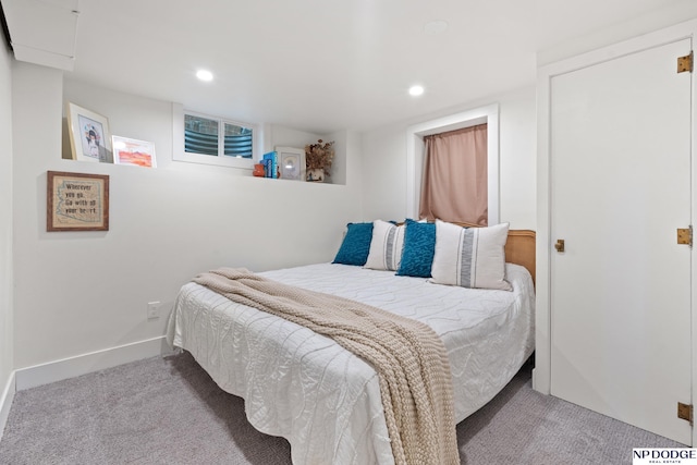 bedroom with carpet flooring, recessed lighting, and baseboards