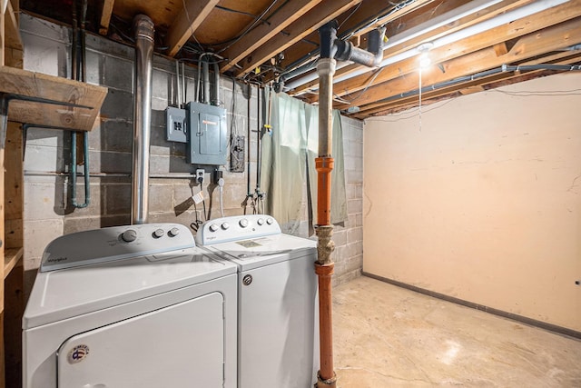 laundry room with electric panel and separate washer and dryer