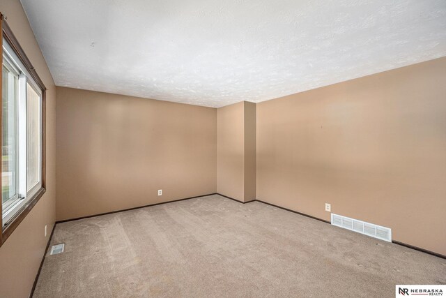spare room featuring healthy amount of natural light, light colored carpet, baseboards, and a textured ceiling