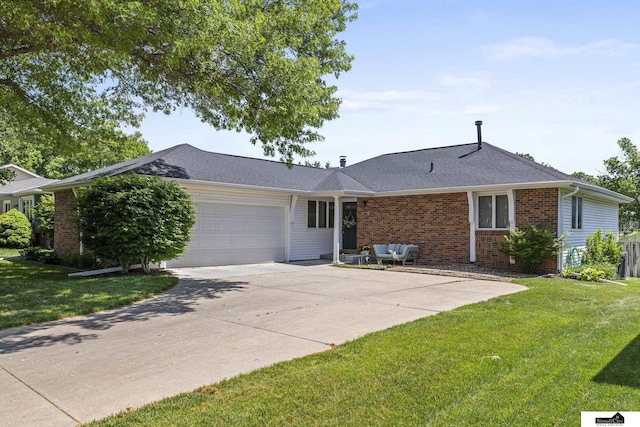3041 Orwell St, Lincoln, NE 68516 - ranch-style home featuring brick siding, a garage, a front yard, concrete driveway, and a shingled roof
