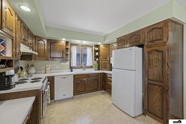 3041 Orwell St, Lincoln, NE 68516 - kitchen with white appliances, a sink, under cabinet range hood, open shelves, and light countertops