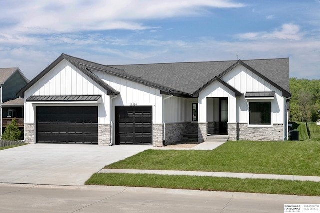 5724 N 208th St, Elkhorn, NE 68022 - modern farmhouse featuring board and batten siding, an attached garage, a front yard, stone siding, and driveway