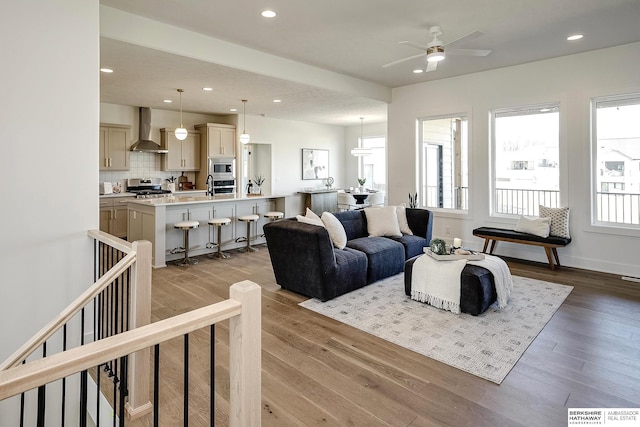 5724 N 208th St, Elkhorn, NE 68022 - living area featuring light wood-type flooring, ceiling fan, recessed lighting, and baseboards