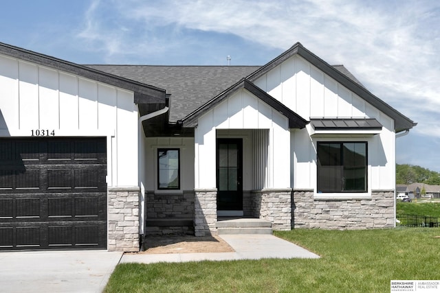 5720 N 208th St, Elkhorn, NE 68022 - modern inspired farmhouse with stone siding, a shingled roof, a garage, board and batten siding, and a standing seam roof