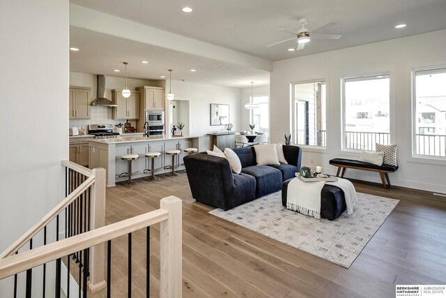 5720 N 208th St, Elkhorn, NE 68022 - living area featuring light wood-type flooring, ceiling fan, recessed lighting, and baseboards
