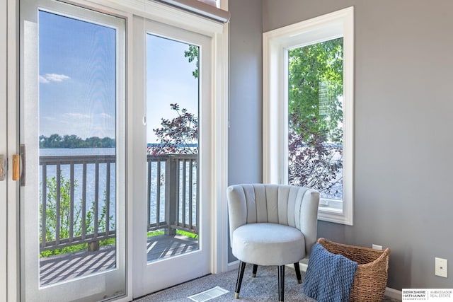 living area with a water view and carpet