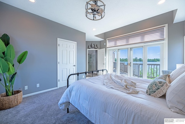 bedroom with access to outside, carpet flooring, baseboards, recessed lighting, and a chandelier