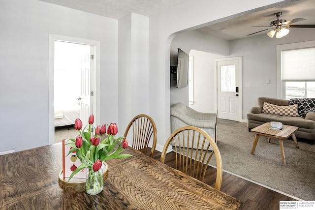 dining room featuring wood finished floors, ceiling fan, arched walkways, and baseboards