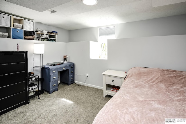 bedroom featuring carpet, a textured ceiling, and baseboards