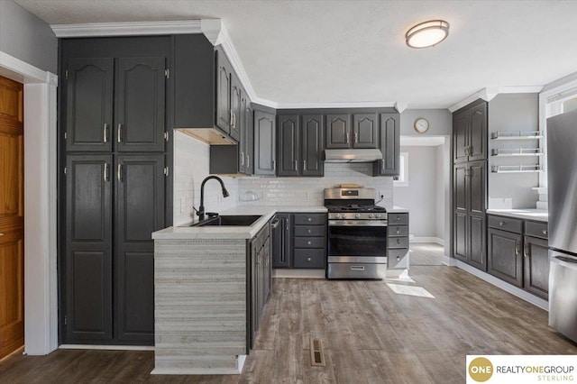 kitchen featuring appliances with stainless steel finishes, a sink, under cabinet range hood, light countertops, and tasteful backsplash