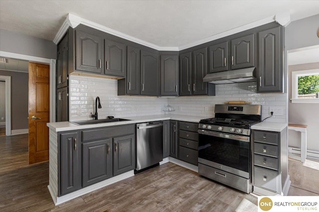 kitchen with appliances with stainless steel finishes, under cabinet range hood, a sink, tasteful backsplash, and dark wood-style floors