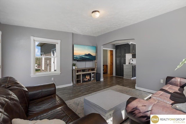 living room featuring baseboards, dark wood-style floors, and a lit fireplace