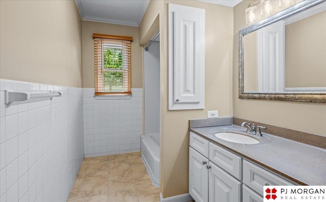 13577 Shirley St, Omaha, NE 68144 - bathroom with vanity, ornamental molding, and tile walls