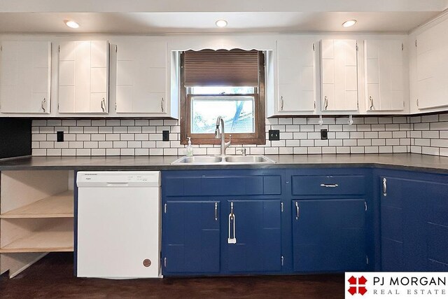 2307 N 142nd St, Omaha, NE 68164 - kitchen with white dishwasher, blue cabinets, a sink, dark countertops, and white cabinets