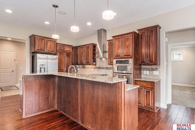 948 S 198th St, Omaha, NE 68022 - kitchen featuring stainless steel appliances, wall chimney exhaust hood, dark wood-style floors, open shelves, and tasteful backsplash