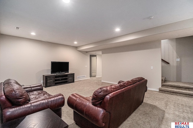 948 S 198th St, Omaha, NE 68022 - carpeted living room with recessed lighting, stairs, and baseboards