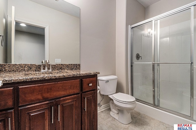 948 S 198th St, Omaha, NE 68022 - full bathroom featuring vanity, toilet, a shower stall, tile patterned floors, and baseboards