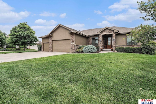 948 S 198th St, Omaha, NE 68022 - view of front of home with stone siding, a garage, a front lawn, driveway, and stucco siding
