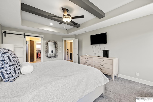 11412 S 122nd St, Papillion, NE 68046 - bedroom featuring a barn door, baseboards, a raised ceiling, washer / clothes dryer, and recessed lighting