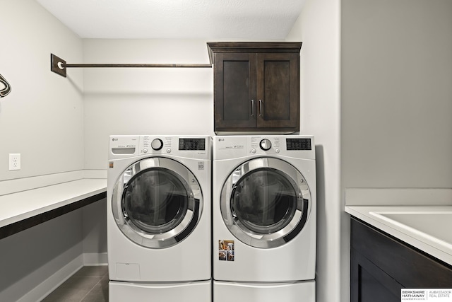 11412 S 122nd St, Papillion, NE 68046 - laundry area featuring cabinet space, independent washer and dryer, dark tile patterned flooring, and baseboards