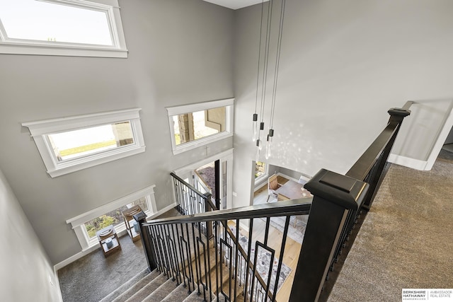 11412 S 122nd St, Papillion, NE 68046 - stairway featuring a towering ceiling, carpet floors, and baseboards