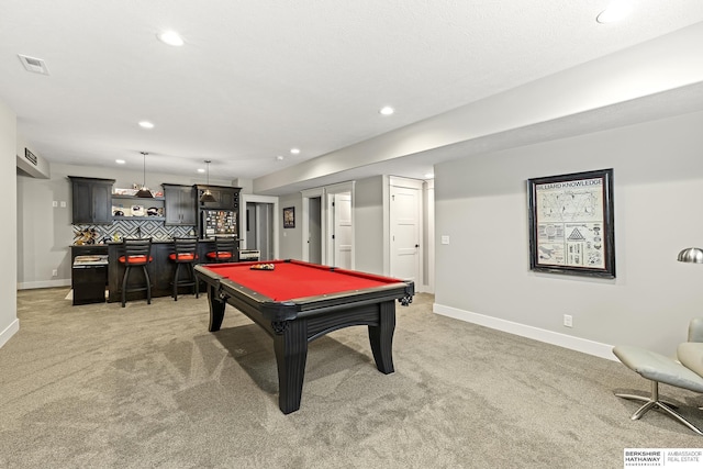 11412 S 122nd St, Papillion, NE 68046 - game room with bar, light colored carpet, recessed lighting, pool table, and baseboards
