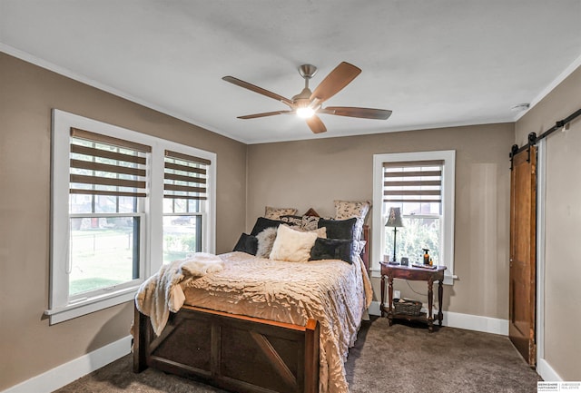 1530 S 52nd St, Omaha, NE 68106 - bedroom featuring a barn door, carpet flooring, ornamental molding, and a ceiling fan