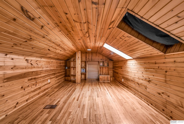 1530 S 52nd St, Omaha, NE 68106 - bonus room with wooden walls, vaulted ceiling, wood ceiling, a skylight, and hardwood / wood-style flooring