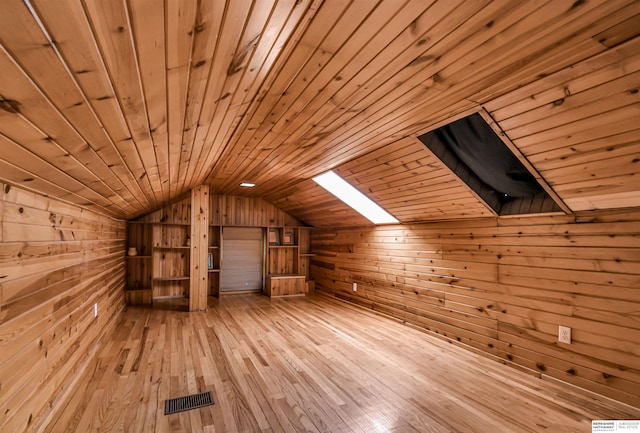 1530 S 52nd St, Omaha, NE 68106 - bonus room featuring wood walls, wooden ceiling, lofted ceiling, light wood-type flooring, and a skylight