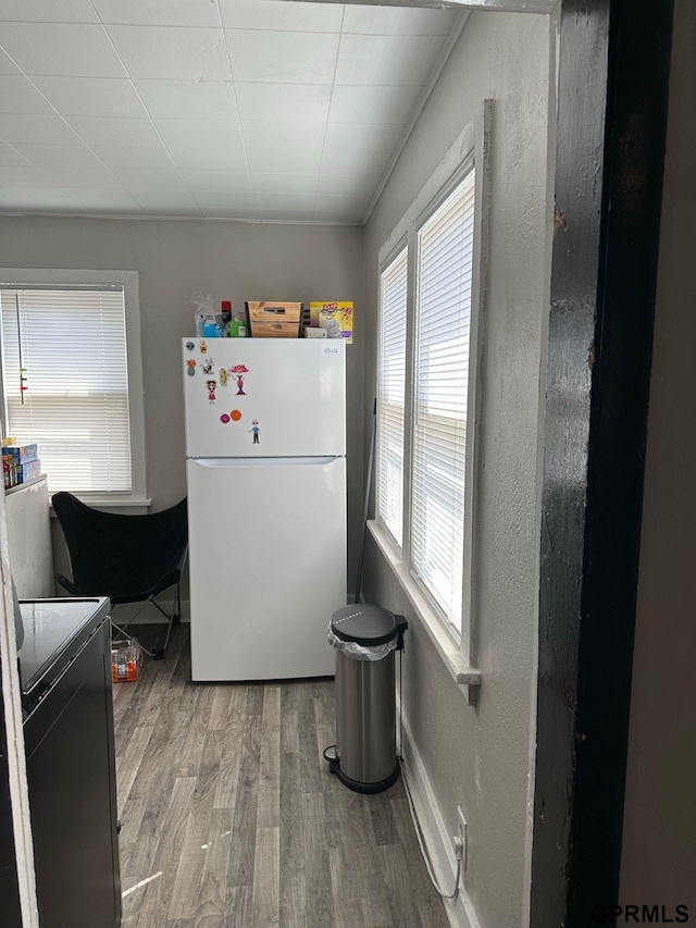 3941 X St, Omaha, NE 68107 - kitchen featuring freestanding refrigerator, plenty of natural light, wood finished floors, and baseboards