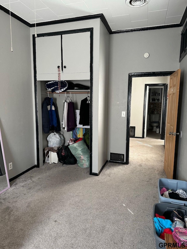3941 X St, Omaha, NE 68107 - unfurnished bedroom with light carpet, baseboards, crown molding, and a closet