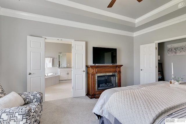 9901 S 176th St, Omaha, NE 68136 - bedroom featuring light carpet, ornamental molding, ensuite bathroom, a glass covered fireplace, and ceiling fan