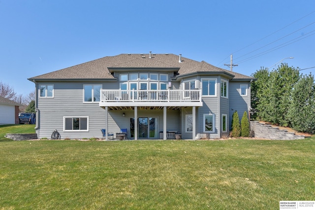 9901 S 176th St, Omaha, NE 68136 - rear view of property with a lawn, a wooden deck, and roof with shingles