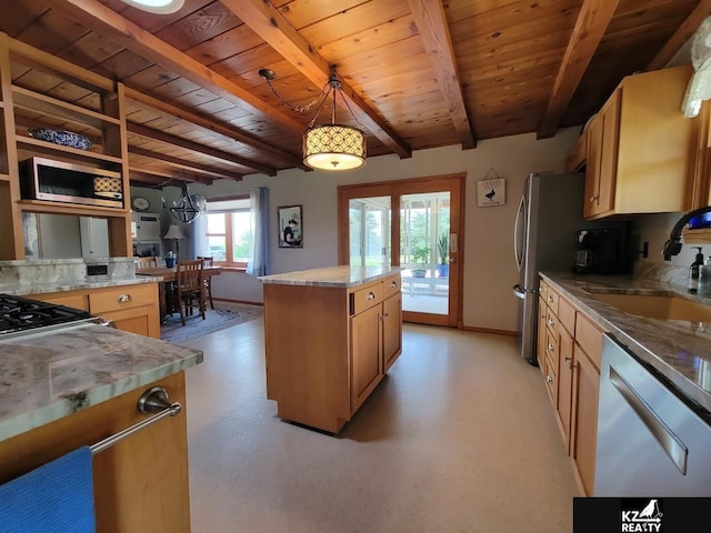 kitchen with dishwasher, a sink, wood ceiling, a kitchen island, and baseboards