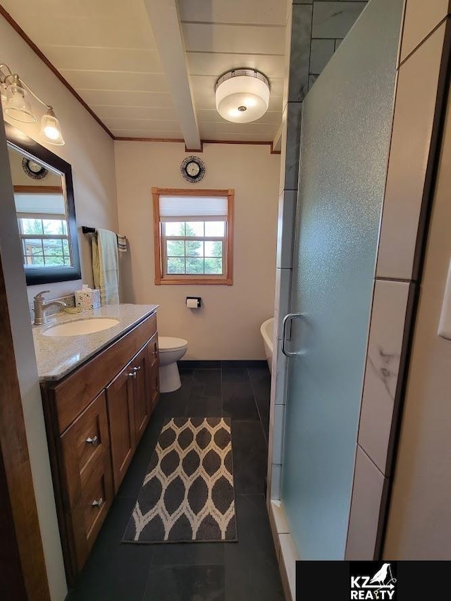 bathroom with plenty of natural light, beam ceiling, vanity, toilet, and a stall shower