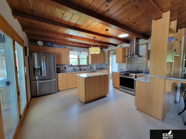 kitchen with appliances with stainless steel finishes, wall chimney range hood, wooden ceiling, light countertops, and beam ceiling