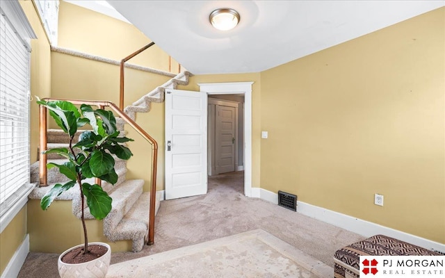 5107 Cuming St, Omaha, NE 68132 - carpeted foyer entrance with stairway, baseboards, and healthy amount of natural light