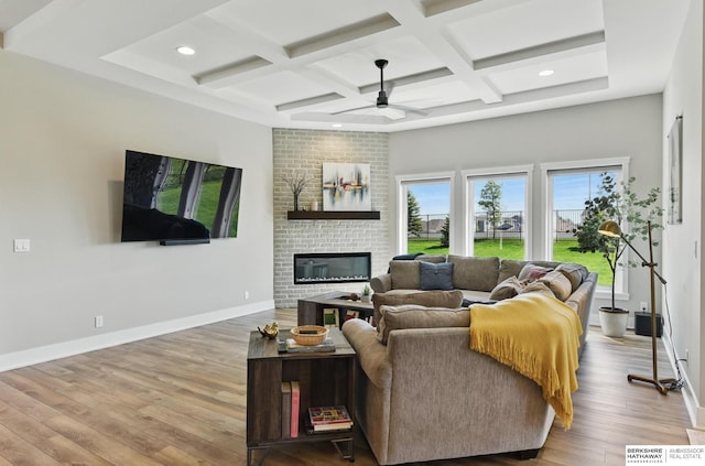 4803 N 192nd Ave, Elkhorn, NE 68022 - living area featuring coffered ceiling, ceiling fan, hardwood / wood-style flooring, recessed lighting, and beamed ceiling